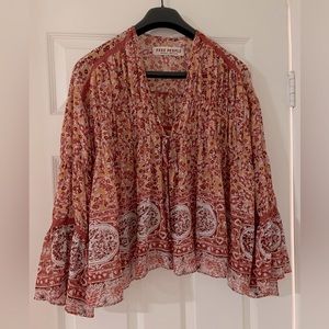 Free People Sheer Floral Long Sleeve Jacket with tie front in Red. One Size.